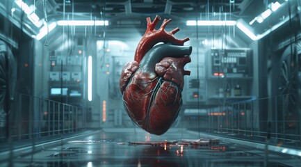 the heart is shown on a futuristic background, in the style of realistic hyperrealism, labcore