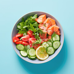 Salted salmon salad with fresh green lettuce, cucumbers and tomatoes