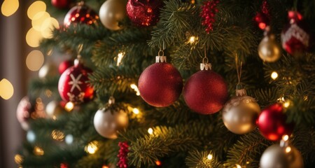  Joyful Christmas tree adorned with festive ornaments and twinkling lights