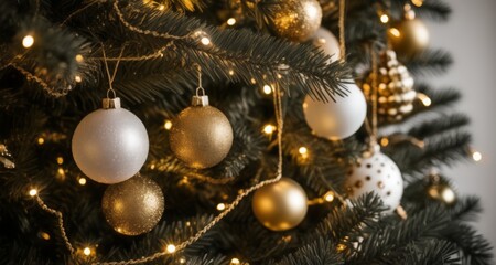Obraz na płótnie Canvas Elegant Christmas tree adorned with gold and white ornaments