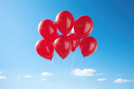 Heart-shaped balloon bouquet against a clear blue sky.