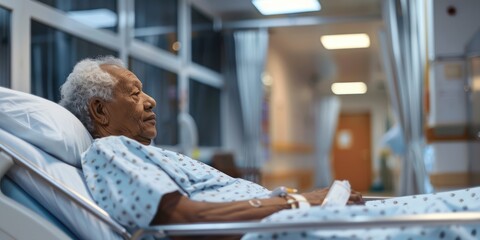 African american senior man sleeping on hospital bed, hospital patient - Powered by Adobe