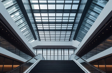 Symmetrical picture with staircase under transparent glass roof. Architecture