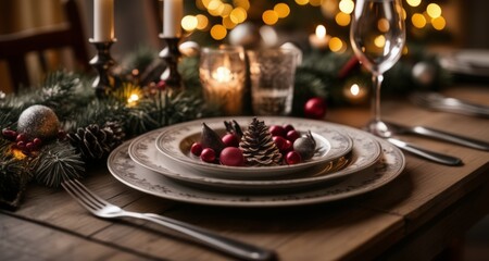 Fototapeta na wymiar Elegant Christmas dinner setting, ready for a festive feast