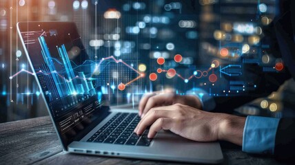 man sitting with laptop and working with growing graph business data