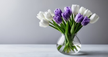  Elegant bouquet of purple and white tulips in a glass vase