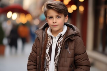 Portrait of a cute little boy in a brown coat on the street.