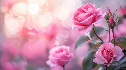 The landscape of rose flowers in a field, a blurred background.