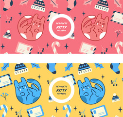 seamless Kawaii Cats vector illustration  Smiling Kitty, cute and round-faced cat