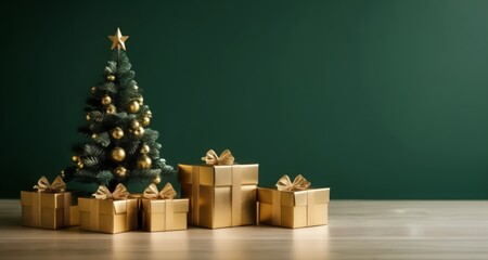 Fototapeta na wymiar Golden Christmas presents under a festive tree
