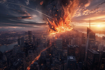 Fototapeta premium Urban Collision: Meteor Explosion in New York