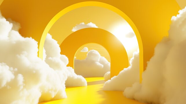 Ethereal Passage White Clouds Drifting through Minimalist Yellow Abyss