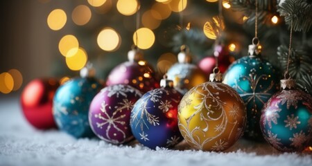 Naklejka na ściany i meble Joyful Christmas ornaments on a snowy surface