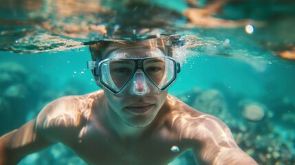 Exploring the Depths Handsome Young Man Snorkeling in a Crystalline Ocean - obrazy, fototapety, plakaty