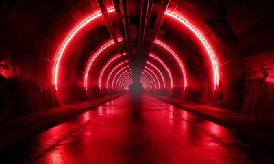 Radial red light through the tunnel glowing in the darkness for print designs templates