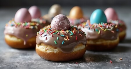  Sweet indulgence - Chocolate-glazed donuts with colorful sprinkles and candy eggs