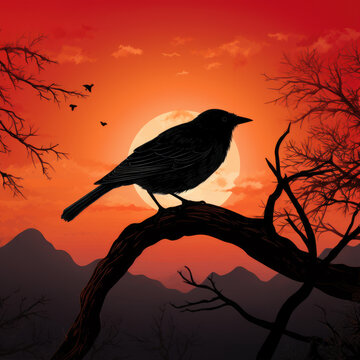 Silhouette of a bird with a sunset background