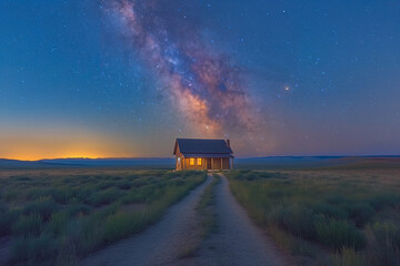 Fototapeta premium Alone house on foggy meadow with milky way