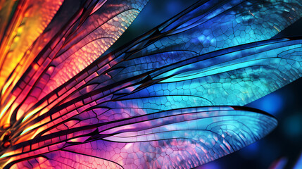 Psychedelic dragonfly wings under microscope colorful abstract texture - obrazy, fototapety, plakaty