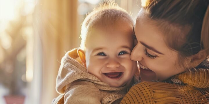 Mother kissing baby smiling 