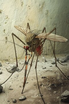 Close-Up of Mosquito Isolated on Plain Background, Showcasing Intricate Details of Wings and Antennae