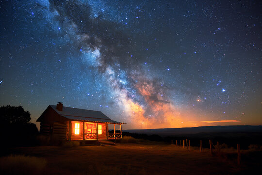 Alone house on foggy meadow with milky way