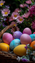 Obraz na płótnie Canvas Colorful Easter eggs in a wicker basket on a background of pink flowers