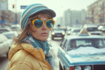 retro woman with sunglasses on the city street