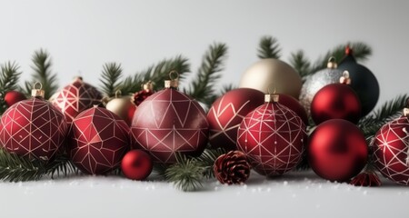 Fototapeta na wymiar Joyful Christmas ornaments and pine cones, perfect for holiday decorations!