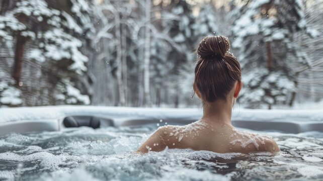 young woman in hot bathtub jacuzzi outdoors at winter