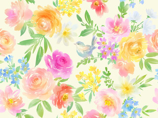 Watercolor-style seamless pattern with roses, wildflowers, and birds