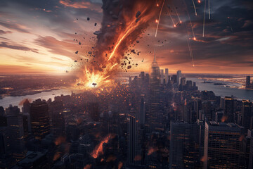 Fototapeta premium Urban Collision: Meteor Explosion in New York