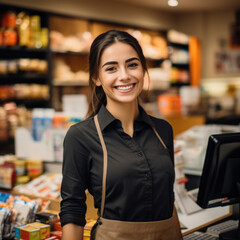 Smiling young and attractive sales woman cashier