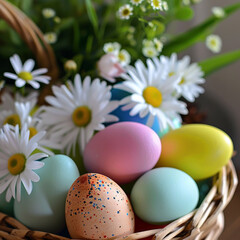 Fototapeta na wymiar Easter eggs in a basket with daisies and chamomiles