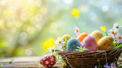 Colorful easter eggs in a basket with flowers on a wooden table