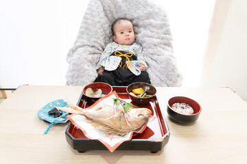 Celebrate a baby's Okuizome where family gathered to wish him good health and happiness while he eats his first meal