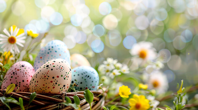 Easter eggs in a basket with spring flowers on bokeh background