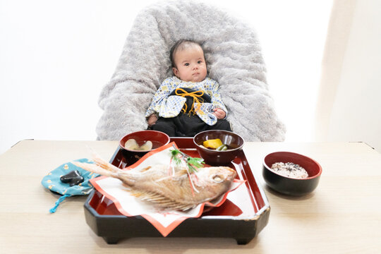 Celebrate a baby's Okuizome where family gathered to wish him good health and happiness while he eats his first meal