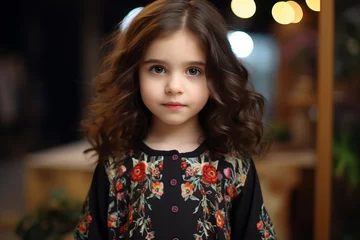 Fotobehang Portrait of a beautiful little girl with long curly hair in a black dress. © Iigo