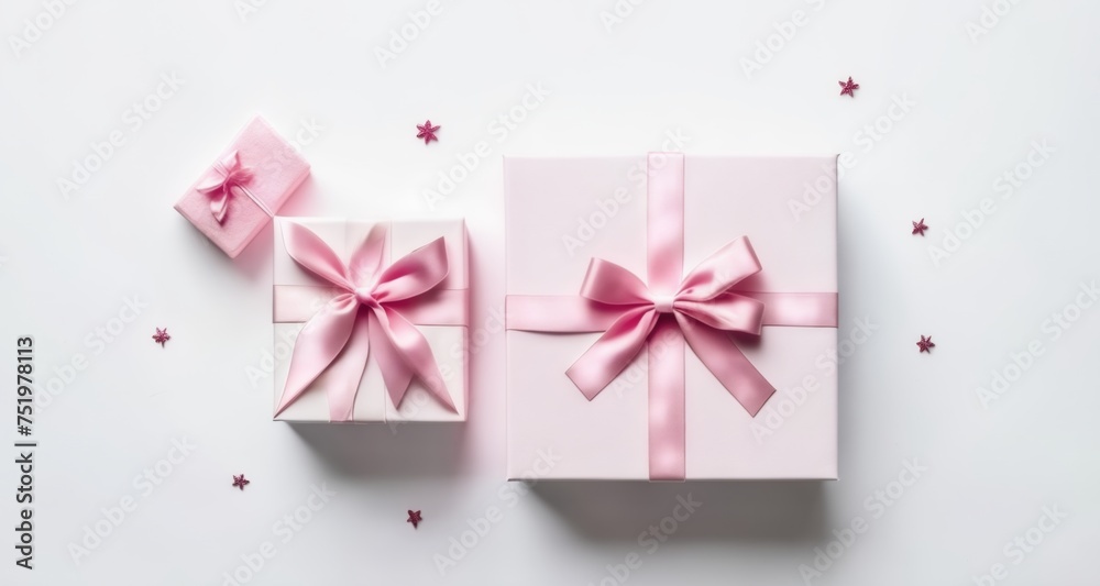 Poster  Pink gift boxes with bows, ready for a special occasion