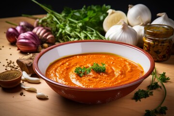 
Photography of Romesco sauce poured in a beautiful ceramic dish, ready to accompany the calcots onions and enhance their taste