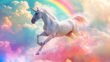 Fabulous beautiful white unicorn flies across the sky with a rainbow