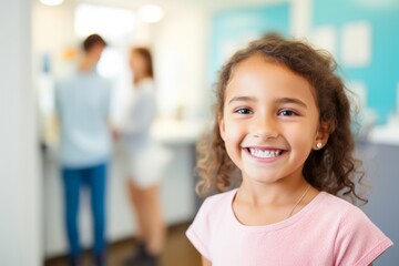 Fototapeta premium Portrait of a happy child, a girl approximately 9 years old, of Caucasian descent, holding a toothbrush and smiling brightly after a successful dental check-up, while the dentist's figure remains sof