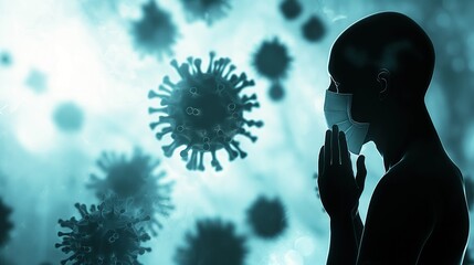 Person in mask, Dangerous viruses fly in the air around a person. Period of infectious seasonal viral diseases, coronavirus pandemic