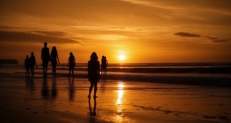 Fototapeta premium Silhouettes of surfers at sunset, beach