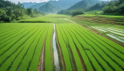 A green field with a stream running through it rows of lush crops