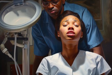 
Portrait of a young woman in her late 20s, of African American ethnicity, visibly distressed in the dentist's chair, holding her face with a pained expression due to toothache, while the dentist's fi