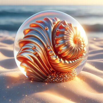 Shiny seashell on a sandy beach 