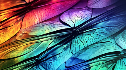 Colorful and vibrant abstract texture, psychedelic dragonfly wings under microscope