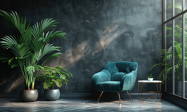 Interior of a living room with chair, plant and vlack wall. Created with Ai